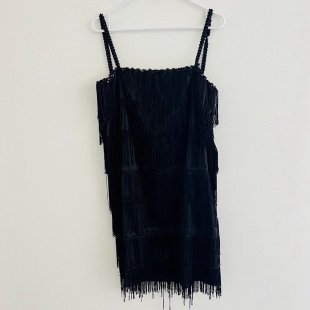 Vintage 60s Rubies Black Fringe Sequin Mini Dress Medium